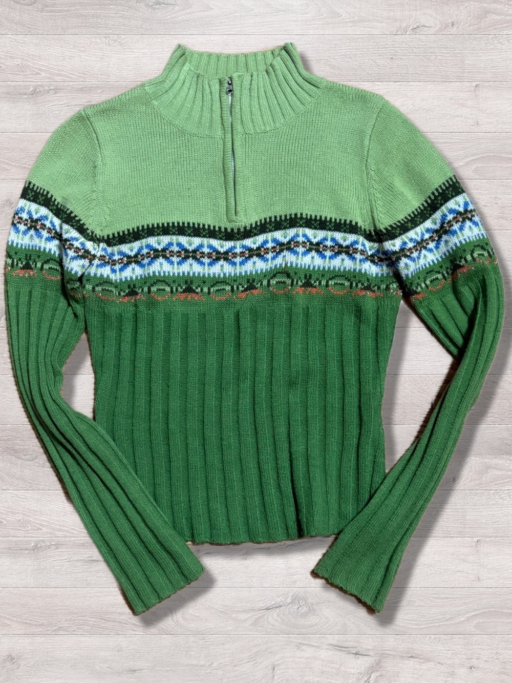 Y2K 2000s Taunt Green Slim Fit Tight Quarter Zip Mock Neck Sweater Medium